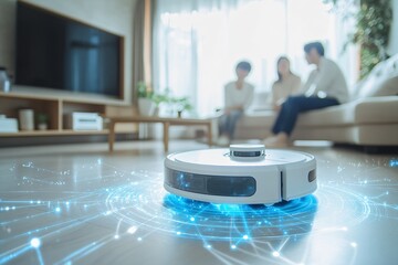 Futuristic vacuum hoover cleaning machine robot on schedule in a living room with HUD data and control with wireless.

