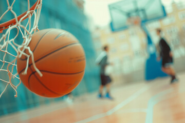 Obraz premium Sport: basketball training, close up of basket ball and players in background
