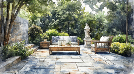A painting of a patio with a statue of a woman in the middle