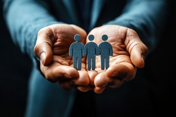 The Guiding Hands of Leadership: A businessman cradles three figures in his palms, symbolizing the protection and guidance offered in a thriving work environment. 