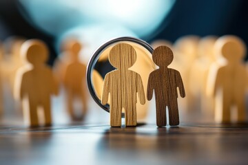 Focus on the Individual: Wooden figures stand out from the crowd, symbolizing the power of individuality and unique potential in a world of conformity. A magnifying glass emphasizes the importance of 