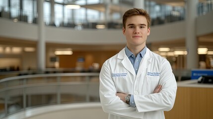 A healthcare professional is adjusting their stethoscope while dressed in a white coat in a well-lit clinic environment
