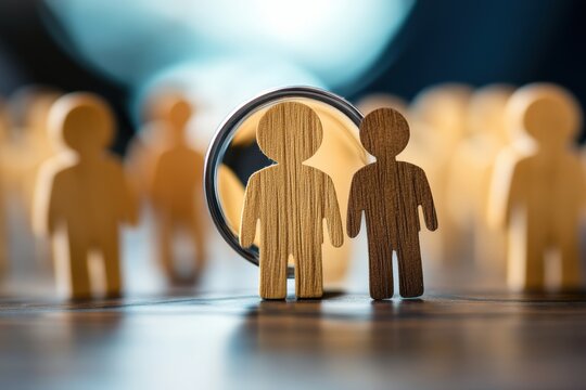 Focus on the Individual: Wooden figures stand out from the crowd, symbolizing the power of individuality and unique potential in a world of conformity. A magnifying glass emphasizes the importance of 