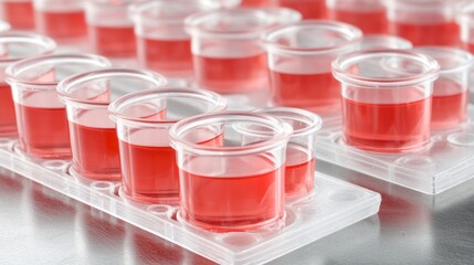 Numerous test tubes filled with a vivid red liquid are neatly organized in a laboratory tray, ready for scientific experiments or analysis