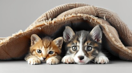 Obraz premium Two Cute Kittens, One Cat and One Dog, Peeking Out From Under a Blanket