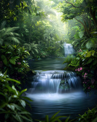 A lush green jungle with a waterfall in the foreground. The water is clear and calm, and the trees are tall and dense. The scene is peaceful and serene