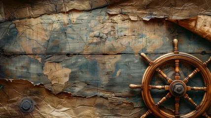 Fototapete Nautical wooden ship steering wheel on old planks © KaysArt