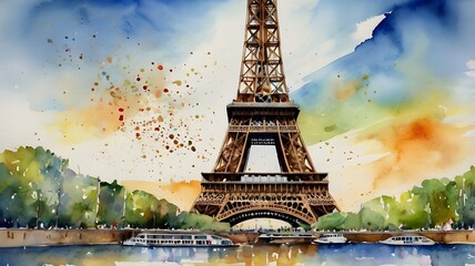Obraz premium Create an inspiring AI-generated watercolor image of the Eiffel Tower in Paris, celebrating the Olympic Tournaments 2024. The Eiffel Tower is adorned with Olympic symbols and athletes in action, 