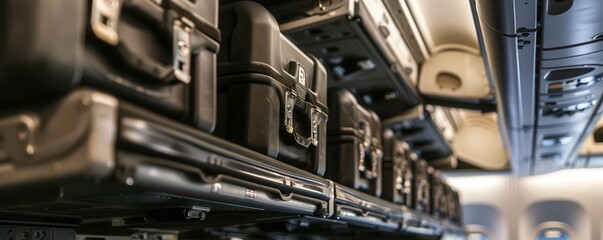 Airplane overhead locker with black plastic baggage.