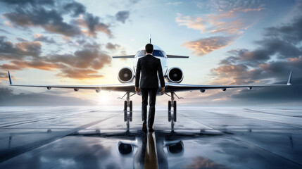 Fototapeta premium A man in a suit stands in front of a jet plane. The sky is cloudy and the sun is setting
