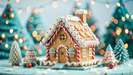 Little houses with snow-covered roofs, glowing lanterns and festive wreaths in gold, red and green tones create a warm New Year, Christmas atmosphere, a nostalgic holiday scene.