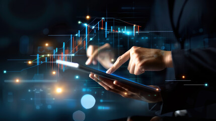 A person is using a tablet to point at a graph. Concept of focus and concentration as the person interacts with the data on the screen. The use of a tablet instead of a traditional pen