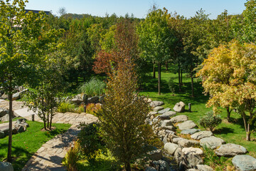 Beautiful view of Japanese garden in public landscape park of Krasnodar or Galitsky park, Russia