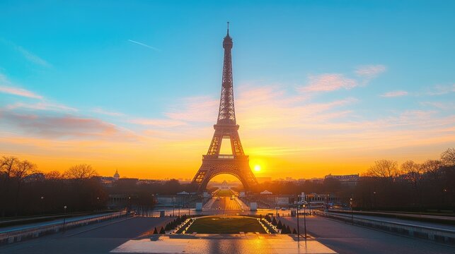 Majestic Eiffel Tower at sunrise with a clear sky, offering ample space for text overlay