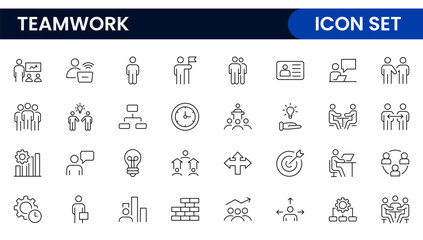 Teamwork linear icons collection. Set of coworking space icons. Business teamwork, team building, work group, and human resources minimal thin line web icon set.