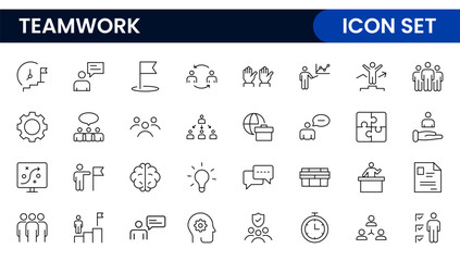 Teamwork linear icons collection. Set of coworking space icons. Business teamwork, team building, work group, and human resources minimal thin line web icon set.