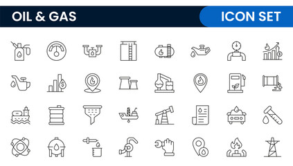 Set of Oil Gas Industry Line Icons. Contains such Icons as Gas Station, Oil Factories, Transportation, and more. line icon set.
