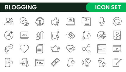 Blogging banner with icons. Post, social media, community, content, website, sharing, create, opinion. Business concept. Web vector infographic in outline icon style.