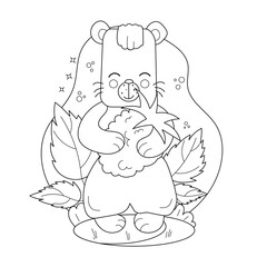 Childrens drawings coloring page. Cute cartoon bear holding raspberries in a lush garden. Vector.