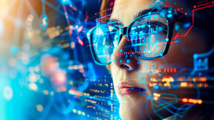A woman in glasses examining digital interfaces with data overlaying her face. UX coding, big data analytics, artificial intelligence, technology, and innovation in high-tech environment. Close up