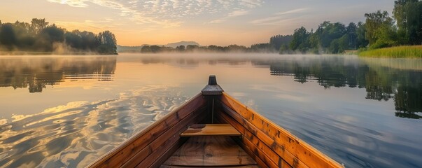 Calm lake view from a wooden boat at sunrise. Free copy space for text.