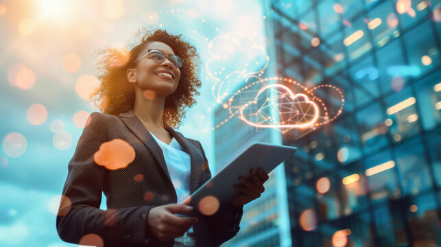 Beautiful smiling business woman in a suit holding a tablet with a digital cloud in the air on business center background. Digital cloud service, app, network, security, database, interface, support
