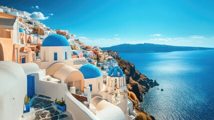 Picturesque Santorini with white buildings and blue domes, perfect for text. © 69