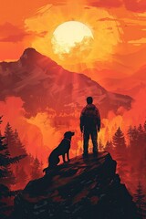 Obraz premium Traveler and Dog on Mountain Peak at Sunrise Oil Painting Landscape Background, Minimalistic Illustration of Nature and Companionship