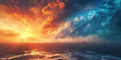 Fototapeta premium Dramatic Climate Contrast, Cracked Earth with Stormy Sky and Fiery Horizon, Climate Change Effects, Extreme Weather Patterns, Nature's Dual Fury, Environmental Crisis Depiction