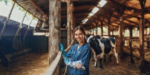 Smiling Young Female Veterinarian in Uniform Caring for Animals on Farm.Generated image