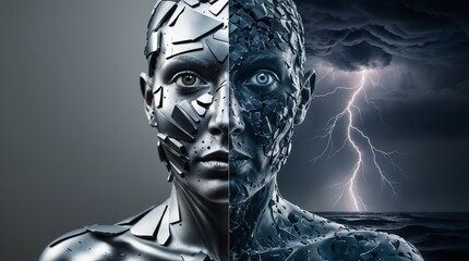 Obraz premium The Duality of Technology and Nature An InDepth Cybernetic Exploration of Contrasting Elements
