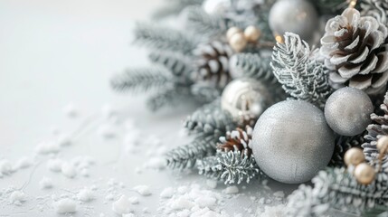 decorated christmas fir branches in snow.