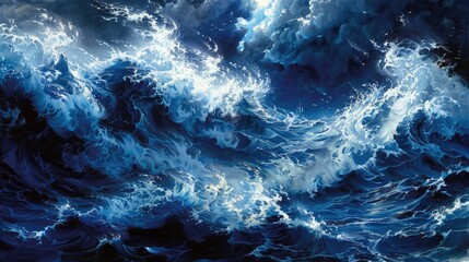 Fototapeta premium A painting of a large wave with a dark blue background.
