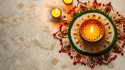 indian festival diwali celebration colorful rangoli design with lit candles symbolizing celebration cultural ritual background with copy space for text