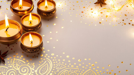 indian festival diwali celebration arrangement with lit candles decorative holders star shaped confetti golden swirl patterns on light background copy space for text