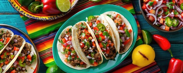 Delicious tacos filled with fresh ingredients, served on a vibrant table with colorful sides, perfect for food lovers.