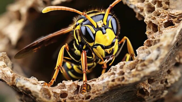 Macro shot of yellowjacket wasp in focus intricate details and vibrant colors highlighted