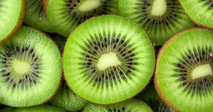Create a refreshing background with a top view of real kiwis, highlighting their vibrant green flesh and distinctive seeds in high definition, ensuring a noise-free and visually appealing image