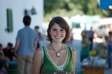 Girl a dirndl, a joyful smile, anticipation, and fun at oktoberfest
