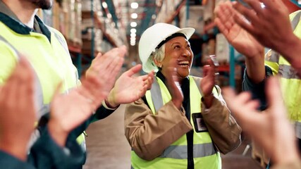 People, happiness and celebration in warehouse for success, support and solidarity with applause. Huddle, staff and clapping in factory for team building, collaboration and cooperation together
