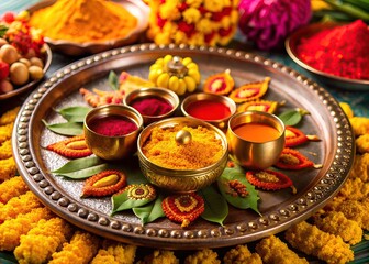 kumkum haldi tilak colorful arrangement traditional Indian including flowers powders lamps on decorative tray festival religious ceremony
