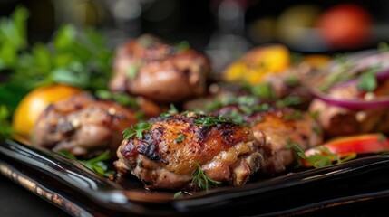 Fototapeta premium Succulent grilled chicken thighs garnished with fresh herbs, served with colorful vegetables on a dark plate.