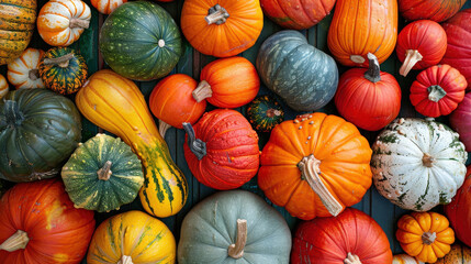 High-resolution image of a variety of squash and pumpkins, fresh vegetables