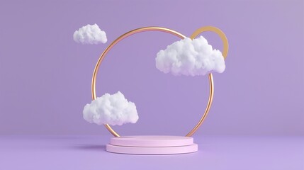 3d icon, minimalistic white podium with clouds and golden ring on purple background.