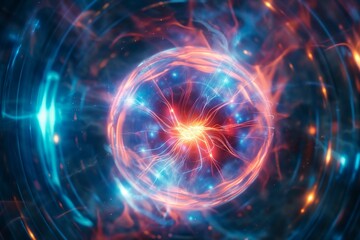 Fototapeta premium A colorful fusion energy sphere surrounded by glowing lines and particles, creating a dynamic and mesmerizing abstract composition.