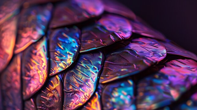 A close-up of the scales on an iridescent snake's leather.