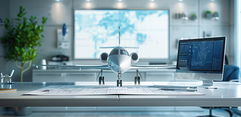 Modern office with detailed model jet on desk, digital screens, and architectural blueprints. Concepts of aviation design, technology, and engineering innovation.