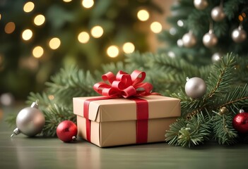 A Christmas scene with ornaments, a gift box, and pine branches on a green background with bokeh lights