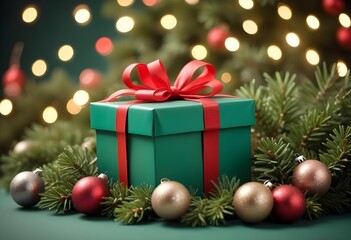 A Christmas scene with ornaments, a gift box, and pine branches on a green background with bokeh lights