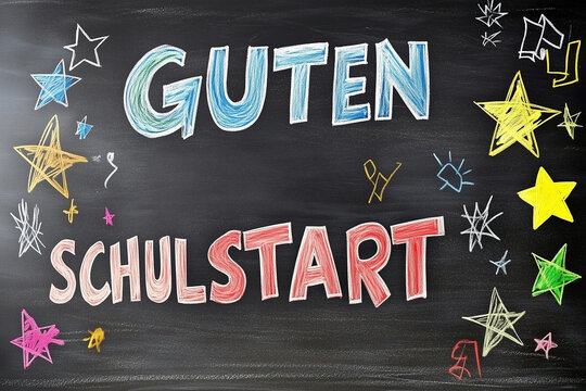 Symbol image of the start of school (Germany): A blackboard reads GUTEN SCHULSTART (Good start of school), A.I.-generated